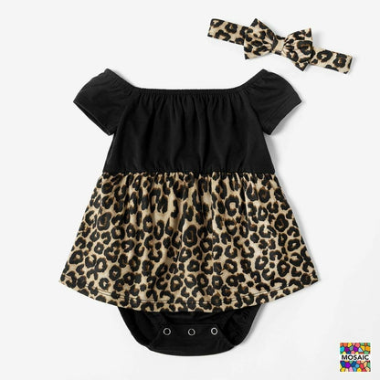 Dresses Summer Mosaic Mommy Off Shoulder Leopard Pattern Sisters Romper Family