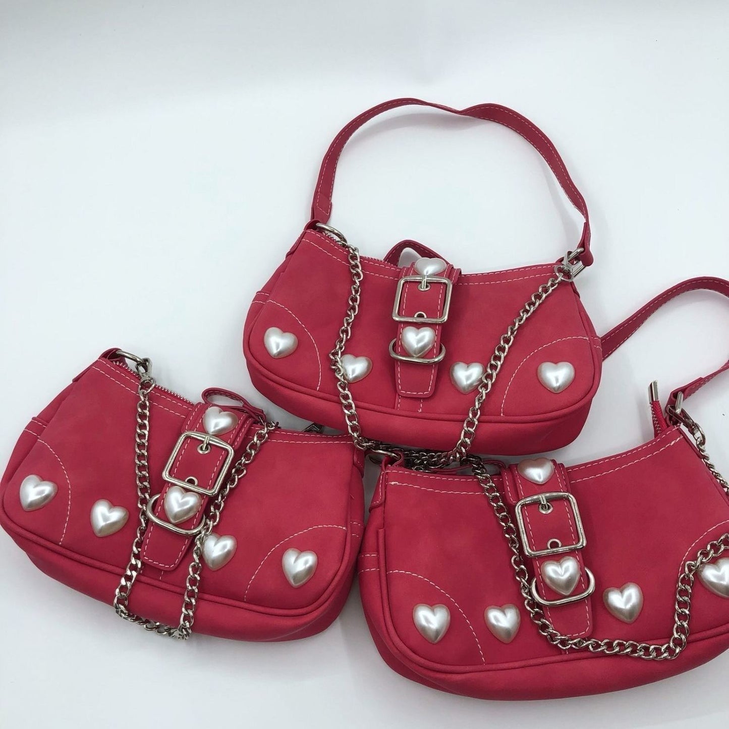 Rose Red Heart Shoulder Bag Underarm Purse Vintage Chain Pouch Crossbody 23*12*5