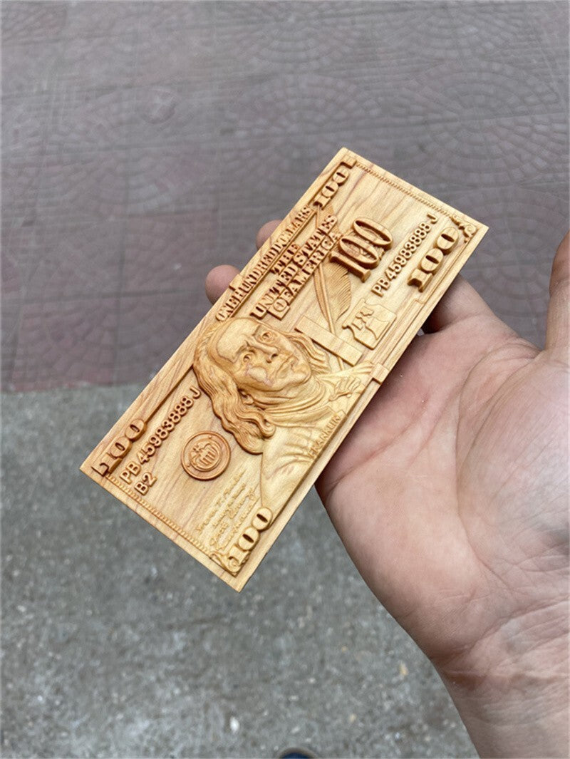 Cypress Wood Carved 100 Dollar Bill Statue Collection Decor