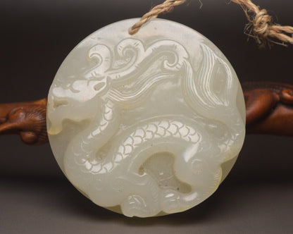 Top Chinese Natural Hetian White Jade Carved Dragon Phoenix Statue Lucky Pendant