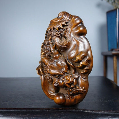 Chinese Boxwood Exquisite Dragon Statue Loong Two-sided Carving Desktop Decor