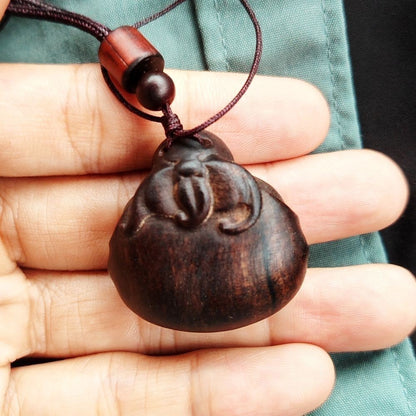 Indonesian Agarwood Maitreya Pendant Carved Buddha Amulet Necklace Hand Piece