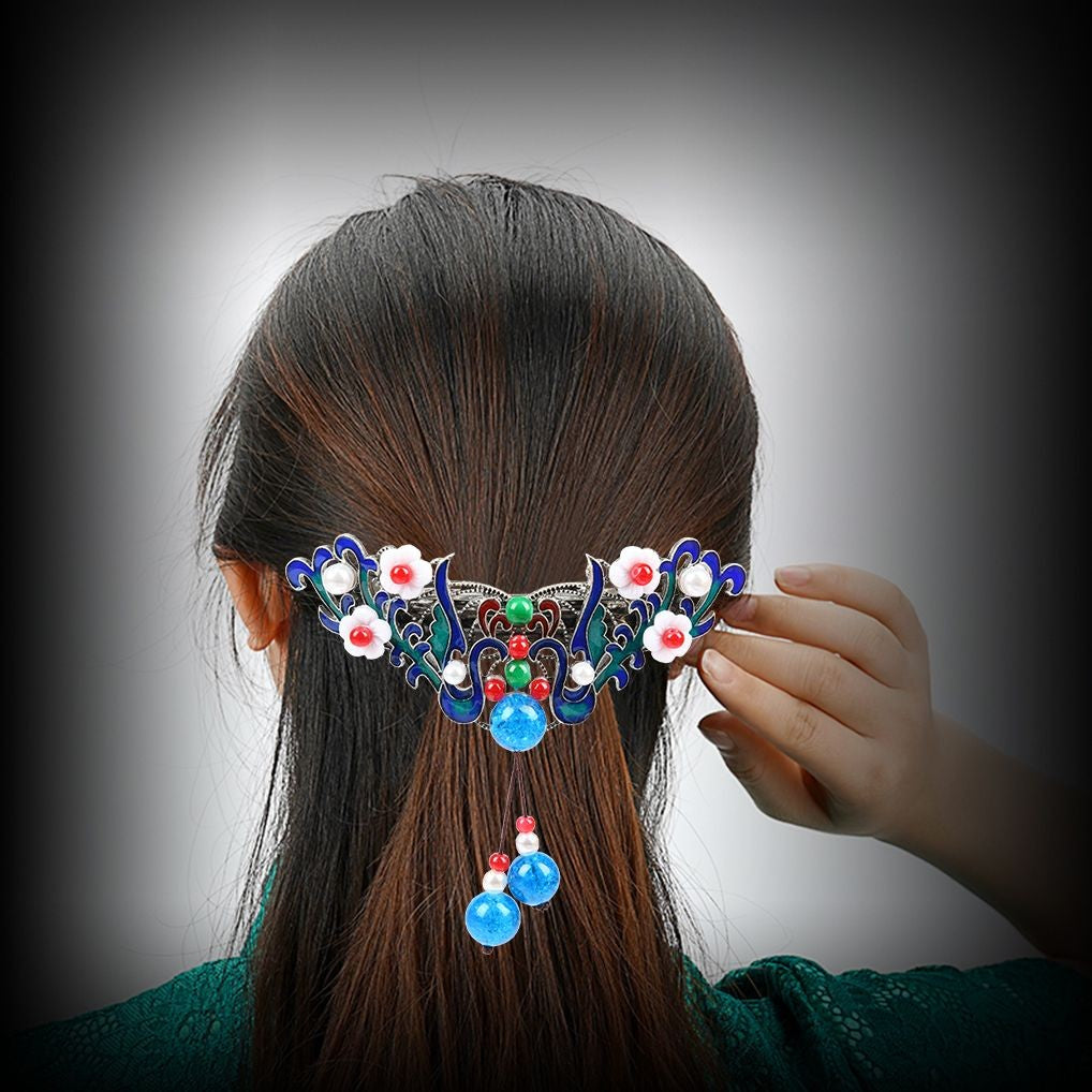 Vintage Chinese Cloisonne Large Spring Hair Clip Retro Tassel Barrette for Women