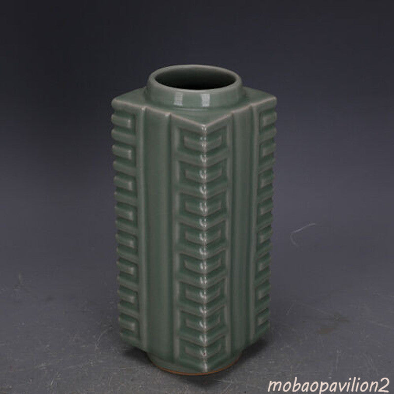 Chinese Song Longquan Kiln Celadon Glaze Porcelain Square Shape Vase Decor 9.37"