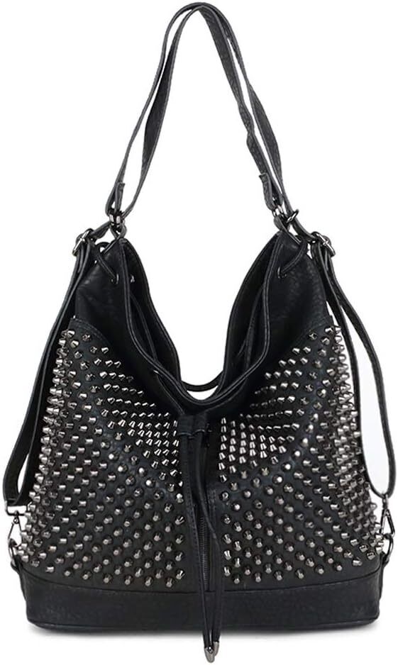 Chikencall Over-size Studded Bucket Bag for Women,3 Ways Multifunction Black