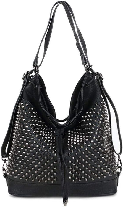 Chikencall Over-size Studded Bucket Bag for Women,3 Ways Multifunction Black