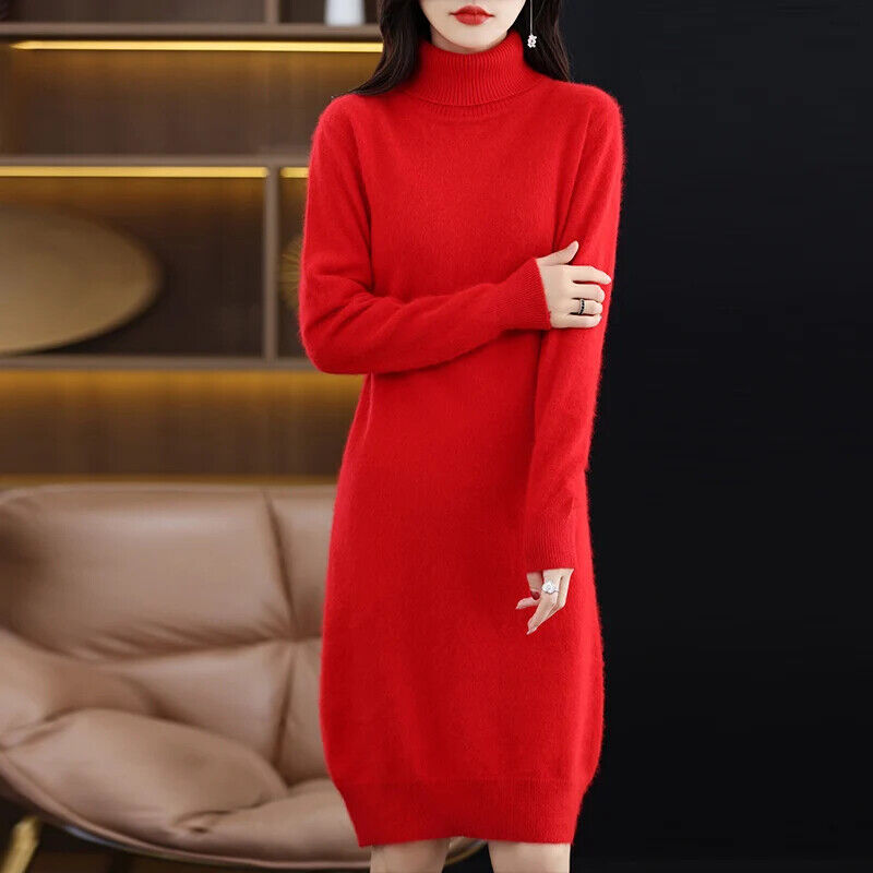 Women's High Back Collar Long Sweater Casual Long Sleeve Dress