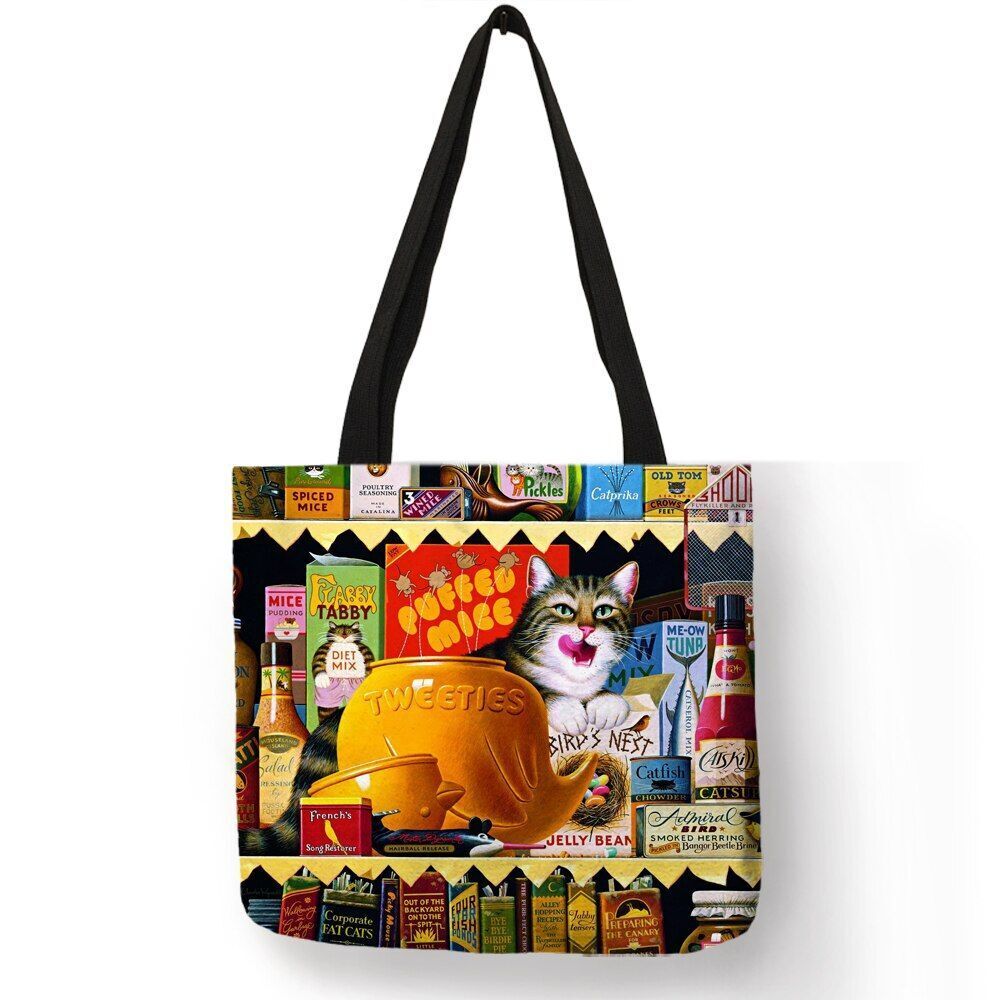 Cat Print Tote Bag Linen Reusable Shopping Bag Oil Painting Shoulder Shopper Bag