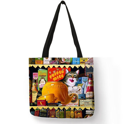 Cat Print Tote Bag Linen Reusable Shopping Bag Oil Painting Shoulder Shopper Bag