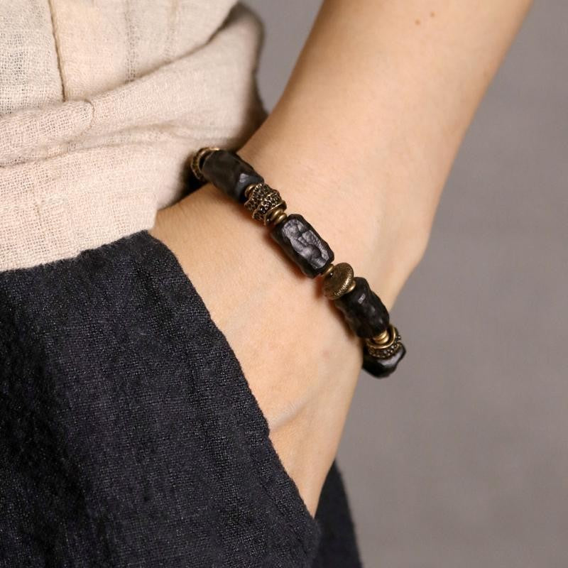 Retro Chinese Style Black Wood Bracelet | Brass Accent Handmade Beaded Bracelet