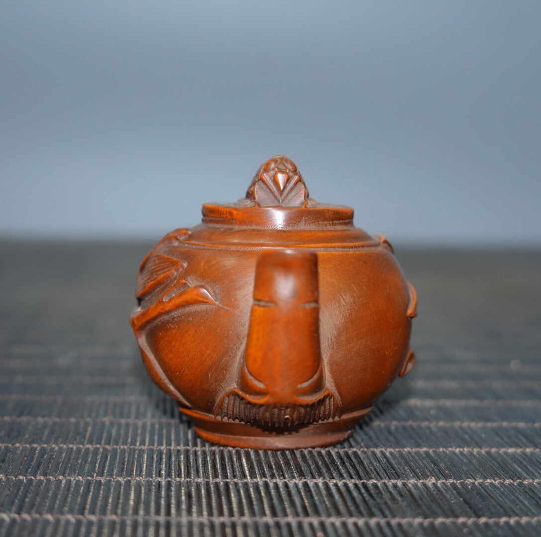 Antique Collection Tea Pot Statue Bamboo Leaf Handle Wooden Carving Decoration
