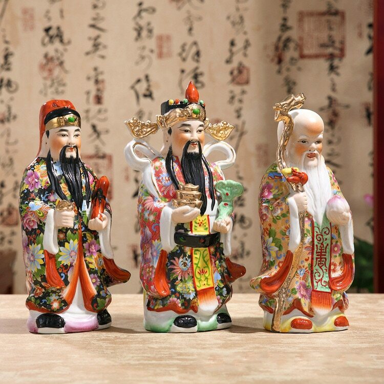 Three Gods Fortune Statue Handmade Ceramic Ornaments Painted Sculpture