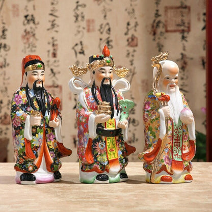 Three Gods Fortune Statue Handmade Ceramic Ornaments Painted Sculpture