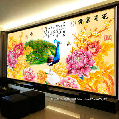 DIY 5D Peacock Peony Flowers Round Diamond Painting Kits Cross Stitch Home Decor