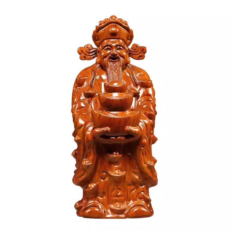 8" Chinese Hua Li Wood Carved God of Wealth Statue Feng Shui Home Decor