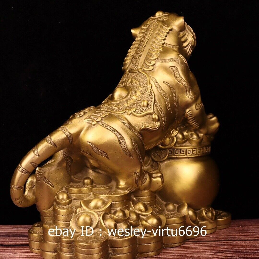 Copper Brass Handmade Feng Shui Evil Wealth Money Tiger Art Statue Ornament