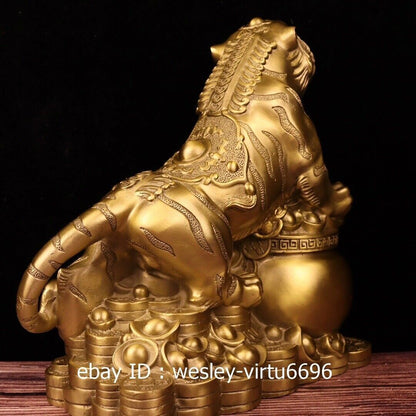 Copper Brass Handmade Feng Shui Evil Wealth Money Tiger Art Statue Ornament
