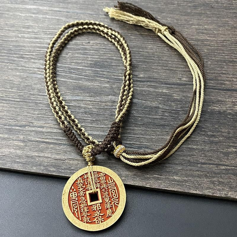 Shan Gui Flower Coin Pendant True Martial Emperor Handmade Hemp Necklace