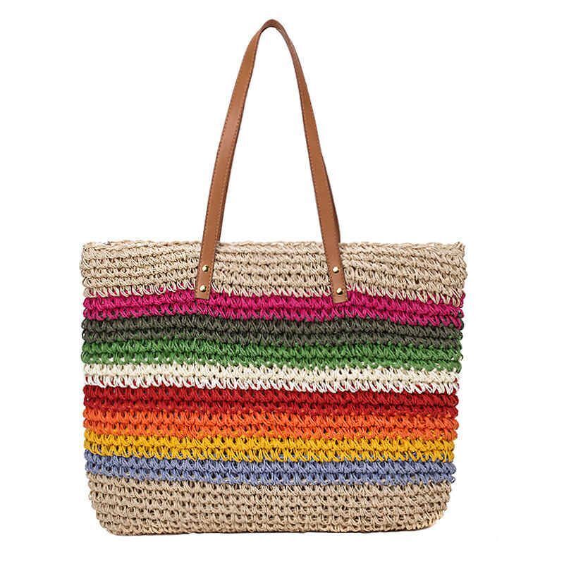 Rainbow Color Handbag Bag Rattan Woven Handmade Knitted Straw Large Tote Purse