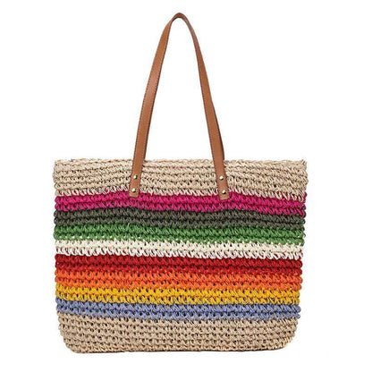 Rainbow Color Handbag Bag Rattan Woven Handmade Knitted Straw Large Tote Purse