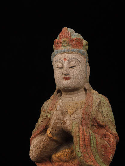 Chinese Antique Old Wood Carving Kwan-yin Statue Painted Sculpture Buddha Statue