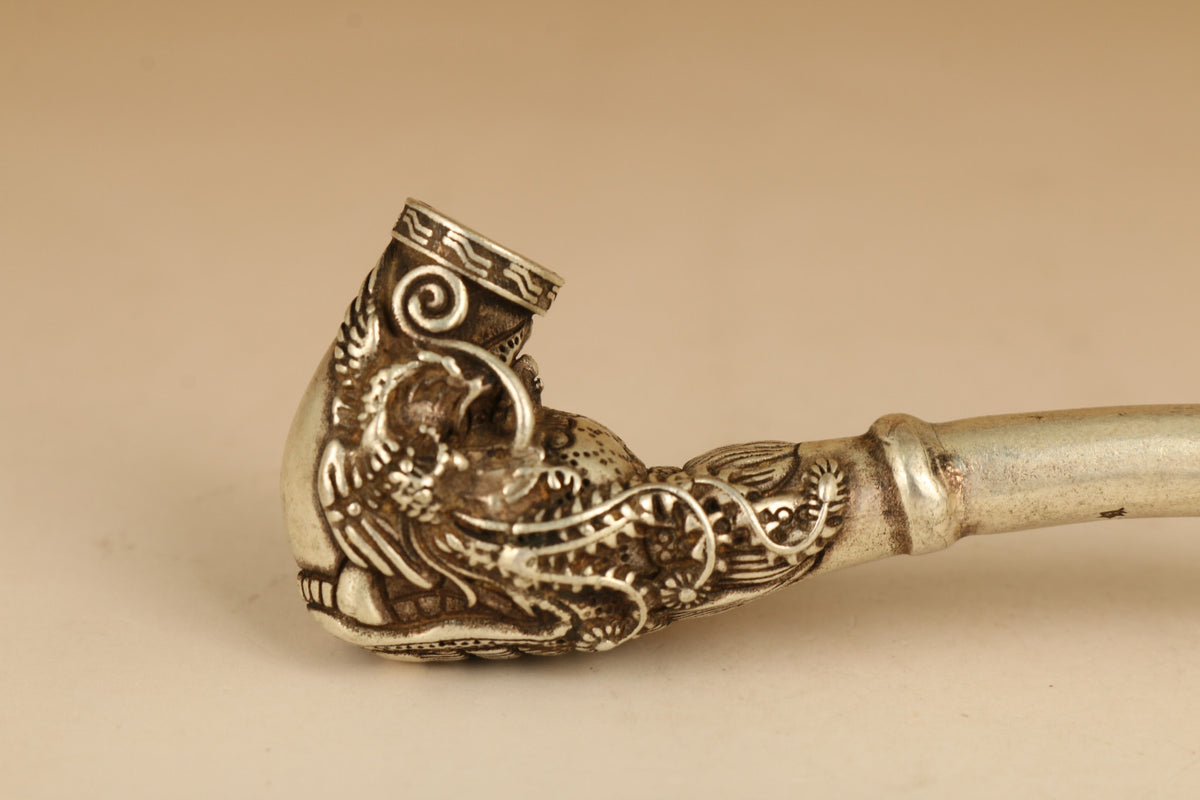 Rare Tibet Silver Copper Smoking Tool Statue Old Sacred Opening Dragon Head Pipe
