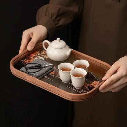 Chinese Glass Bamboo Tea Tray Teapot Teacup Mat Storage Tray Pot Bearing Teaware