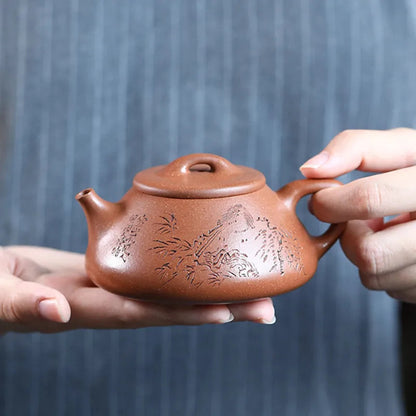 180ml Yixing Handmade Zisha Hand-carved Bamboo Stone Purple Clay Tea Set