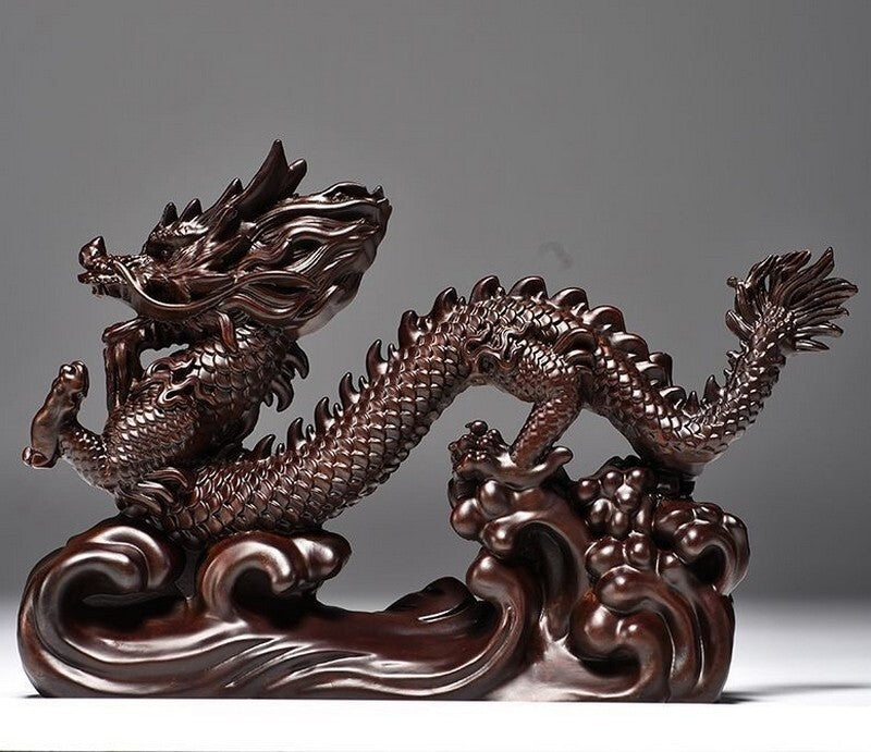 8" Ebony Wood Carved Dragon Statue Chinese Feng Shui Home Decor