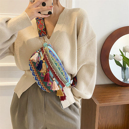 Weave Crossbody Bags Female Tassel Waist Bag Retro Leather Shoulder Packs