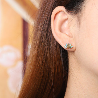 Real 925 Sterling Silver Stud Women Natural Jade Enamel Lotus Flower Earrings