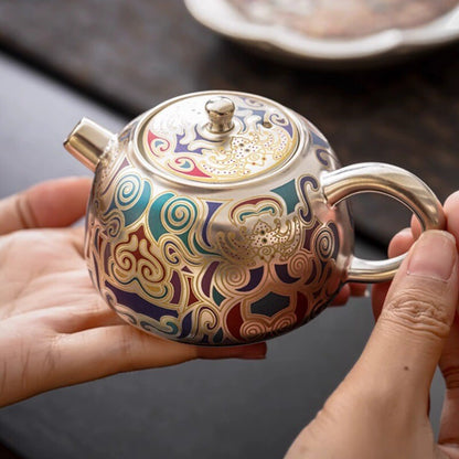 Tea Set Pot With Holder Matching Tea Cup Dunhuang Frescoes Print Silver Ceramic