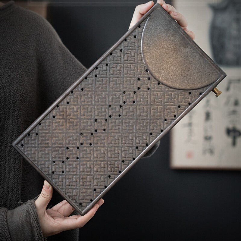 Crude Pottery Tea Tray Water Draining Reservoir Serving Tray Rectangle Antique