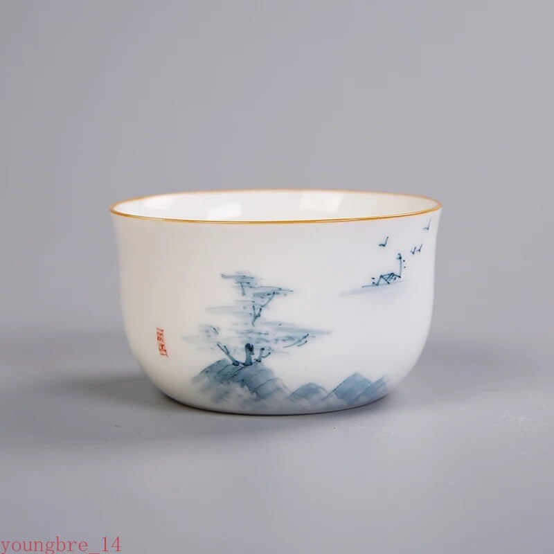 Chinese Ceramic Kung Fu Master Tea Cups White Porcelain Hand Painted Lotus