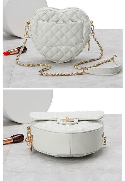 Small Mini Quilted Sheepskin Leather Heart Bag Clutch Shoulder Purse w/ Chain
