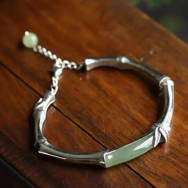 Original Handmade Silverb Silver Bamboo Hetian Jade Festival High Bracelet