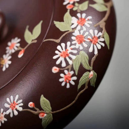 Original Ore Real Yixing Zisha Zi Ni Clay Tea Pot Handmade Floral Relief Marked