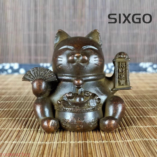Copper Lucky Cat Figurines Mini Desktop Statue Tea Pet Feng Shui Decoration