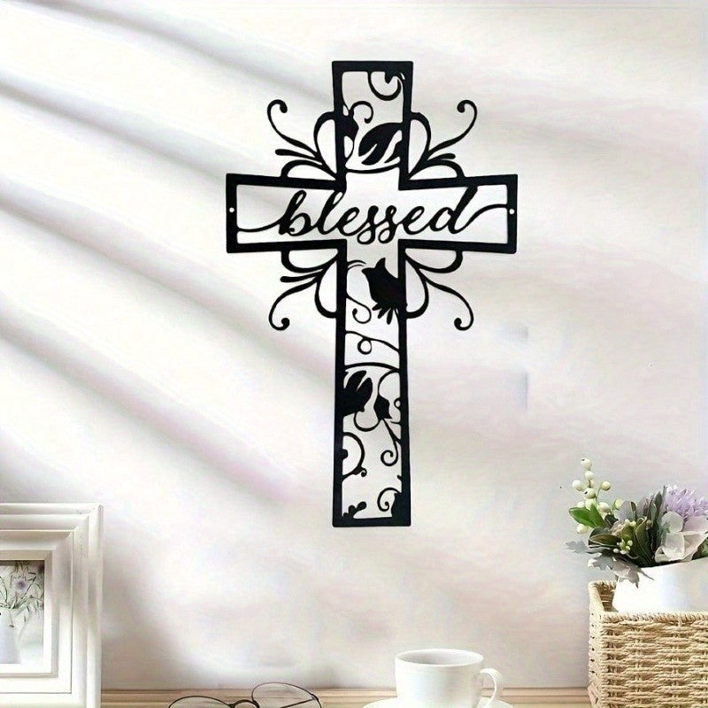 CIFbuy Cross with Clover & Branch Metal Wall Art - Rustproof Modern Home Decor