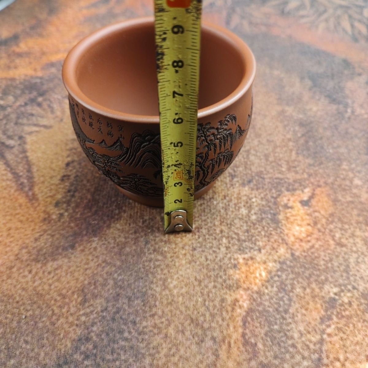 Yixing Zisha Zhuni Teacup 2.9in 150cc Hand Carved Landscape Relief