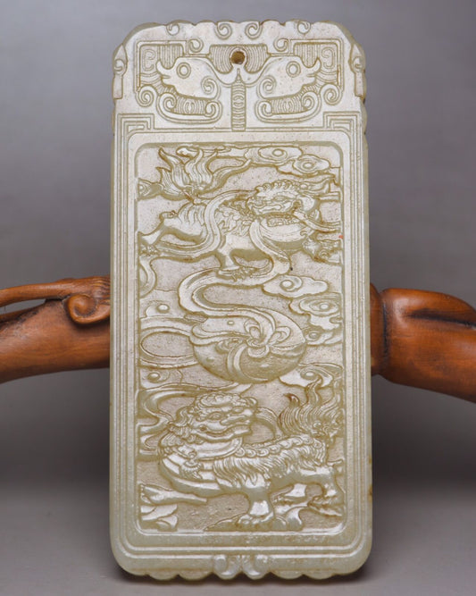 Chinese Natural Hetian Jade Carved Kylin Dragon Statues Lucky Pendant Collection