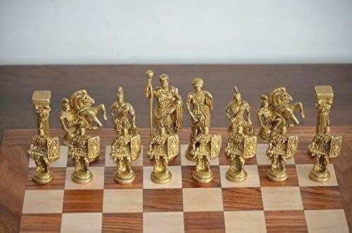 Antique Folding Wooden Handmade Roman Brass Chess Board Set Game 14" x 14"