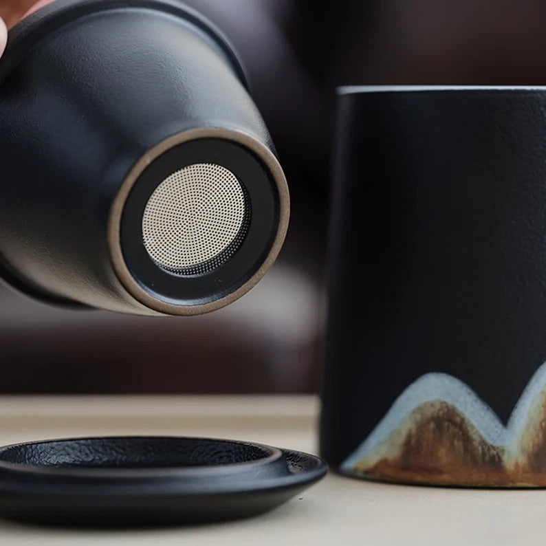 Embersceramic Handpainted Mountain Ceramic Teacup with Infuser Cozy Mug 380ml