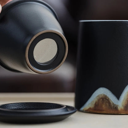 Embersceramic Handpainted Mountain Ceramic Teacup with Infuser Cozy Mug 380ml