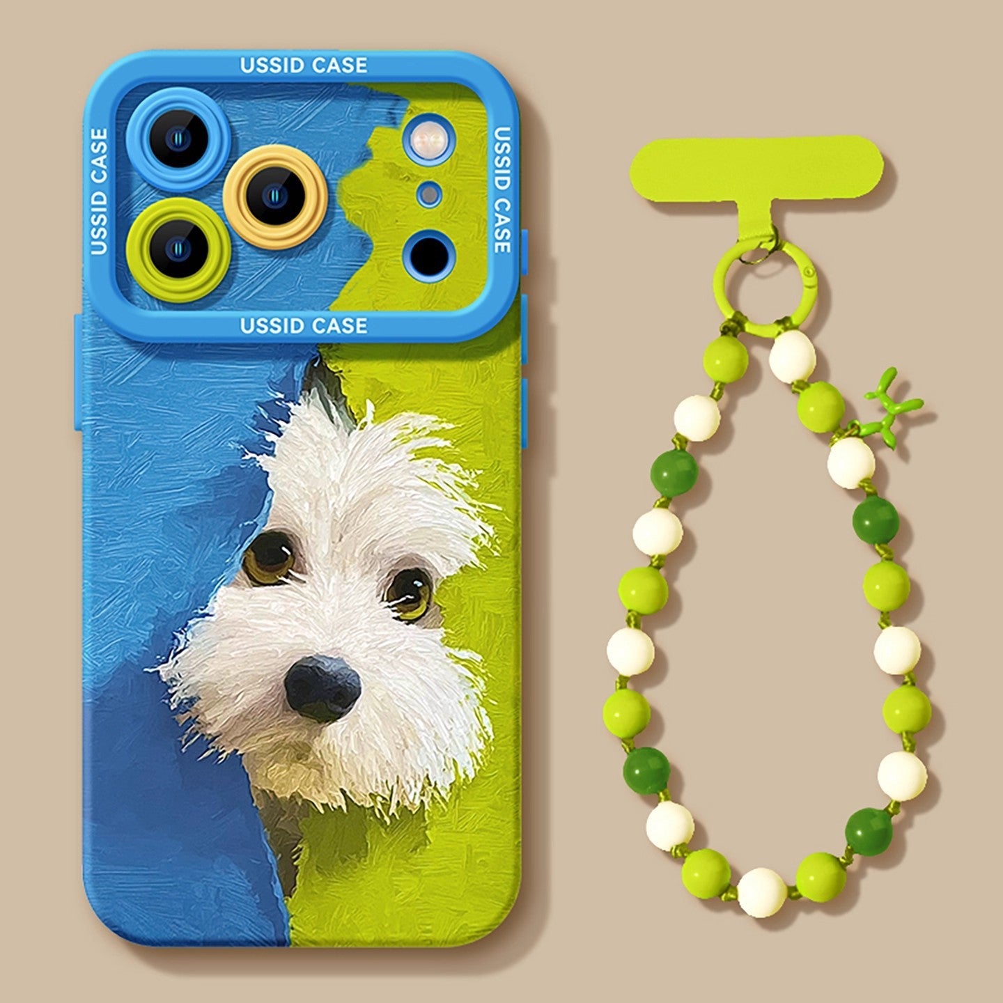 Cute Green Puppy Cartoon Phone Case with Lanyard for iPhone 17 Pro Max /16/15/14