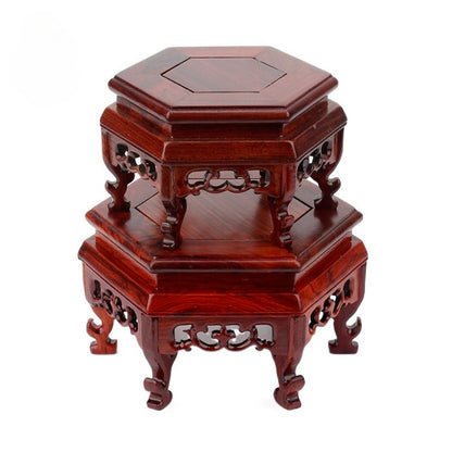 Carved Hexagon Wooden Pedestal Vase Teapot Base Collection Display Stand Retro