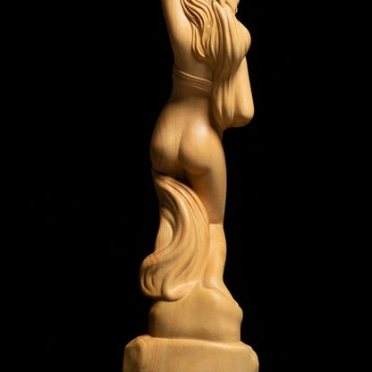 7" Boxwood Carved Girl Statue Beauty Model Hair Woman Home Decor
