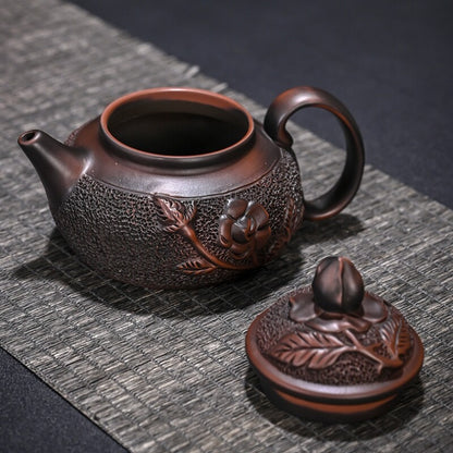 Purple Pottery Teapot Flower Carved Chinese Handmade Pot Marked 190ml Master Pot