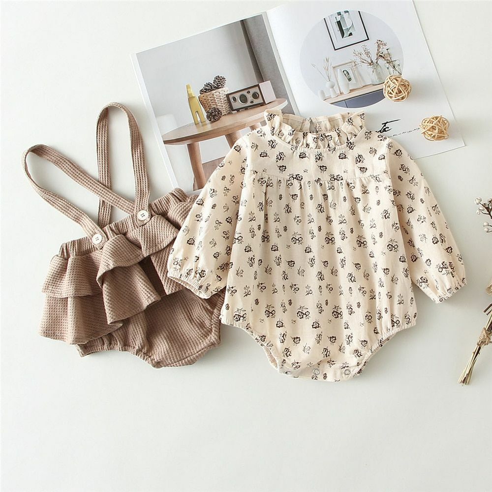 Baby Girls Clothes Set 2Pcs Vintage Cotton Floral Blouse Shirts Rompers Newborn