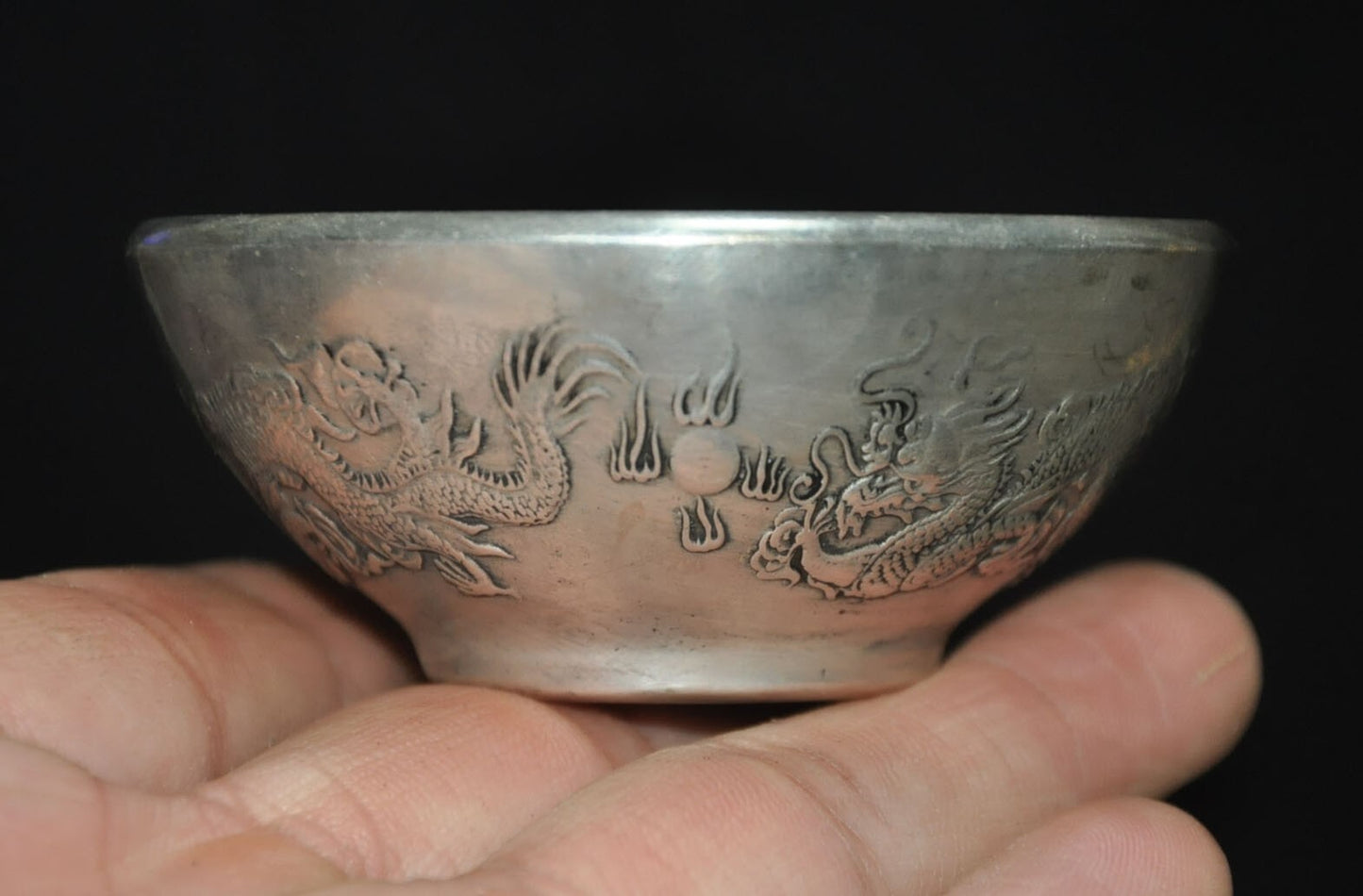 China Tibetan Silver Animal Loong Dragon Statue Tableware Tea Cup Bowl Bowls
